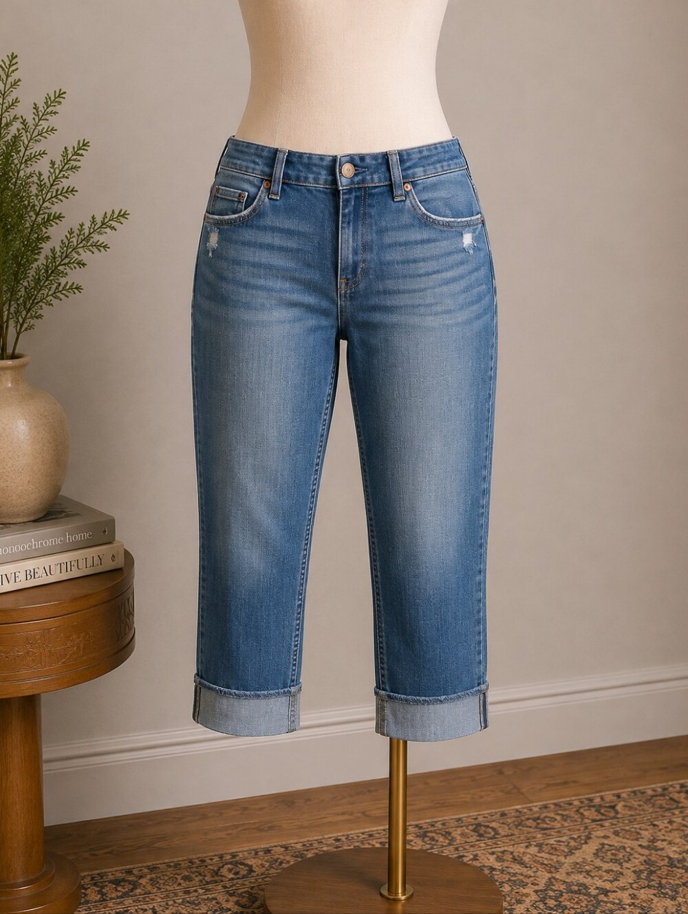 Woman's Lee Riders Size 16M Cropped Jeans Factory Cuffed Stretch Denim